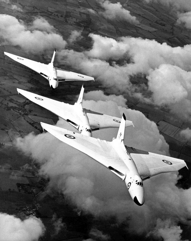 Three Avro Vulcan B1As of the Waddington Wing in flight sometime in 1957.